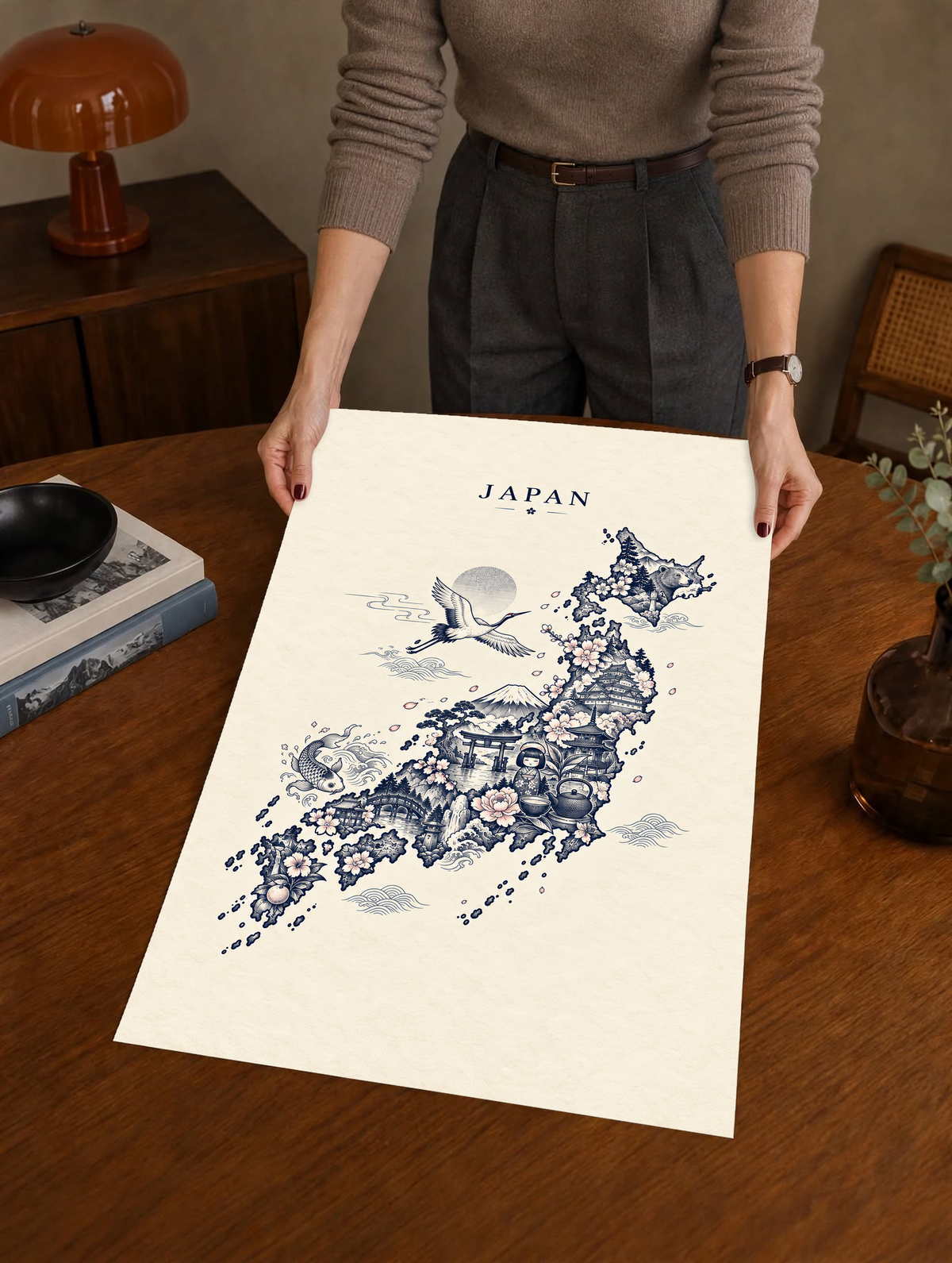 Japan wall print held up by person, cream with blue crane and temple motif