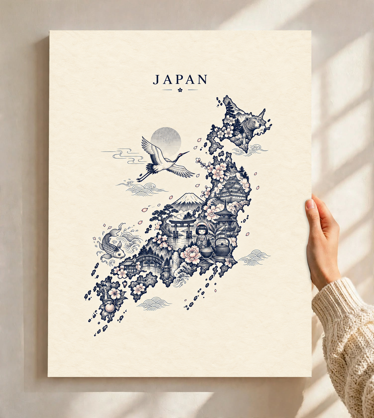 Unframed Japan wall print with blue floral crane, temples, and decorative motifs