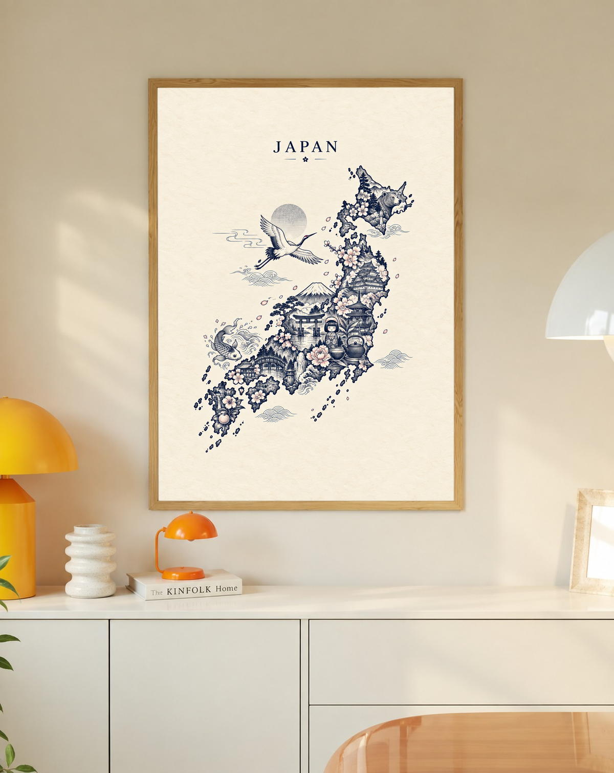 Wood-framed Japan wall print with blue crane, temple details, and floral map motifs
