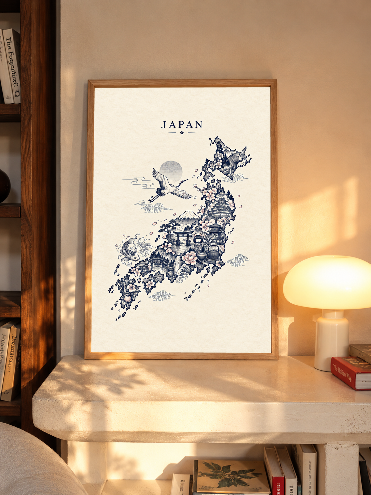 Gold-framed Japan wall print with blue crane, temple design, and dotted floral motifs