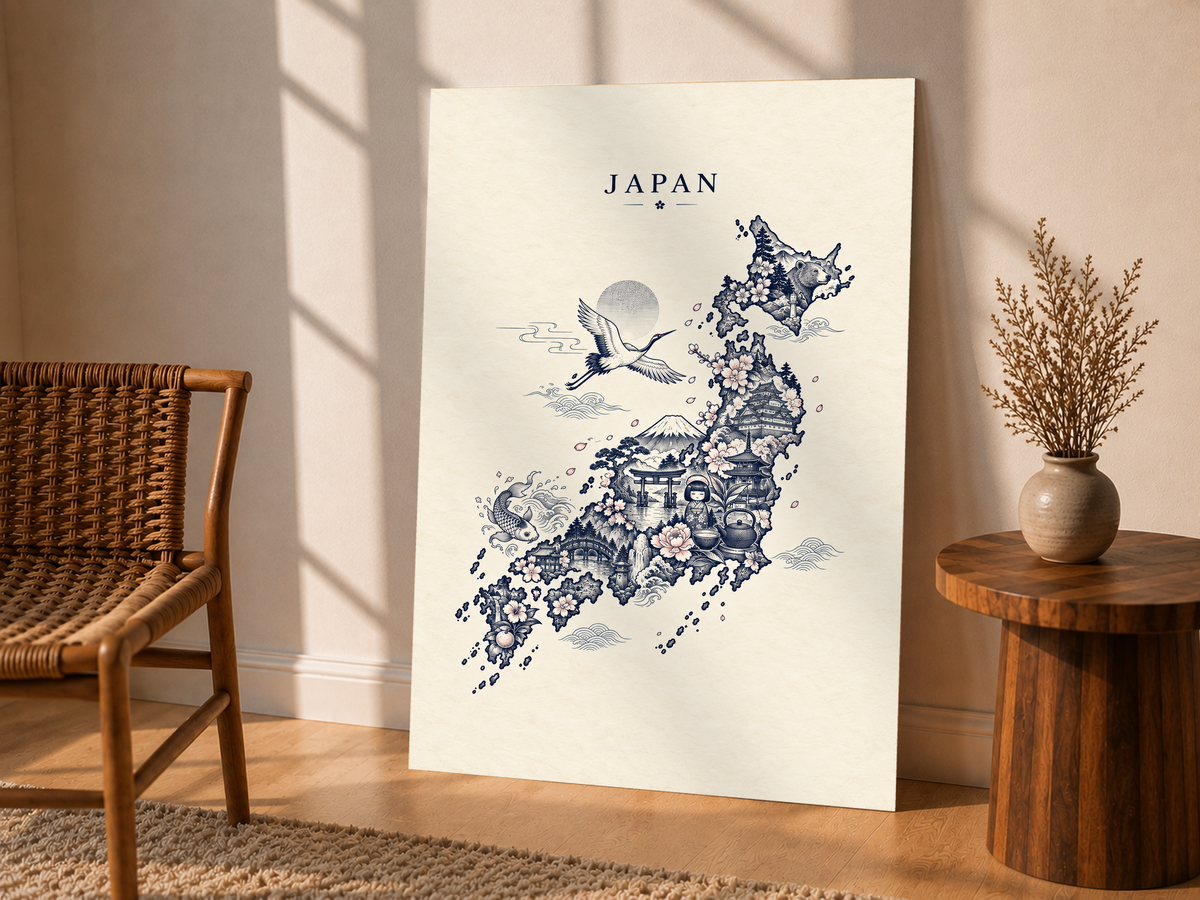 Blue Japan map wall art poster with crane, temples, and decorative motifs