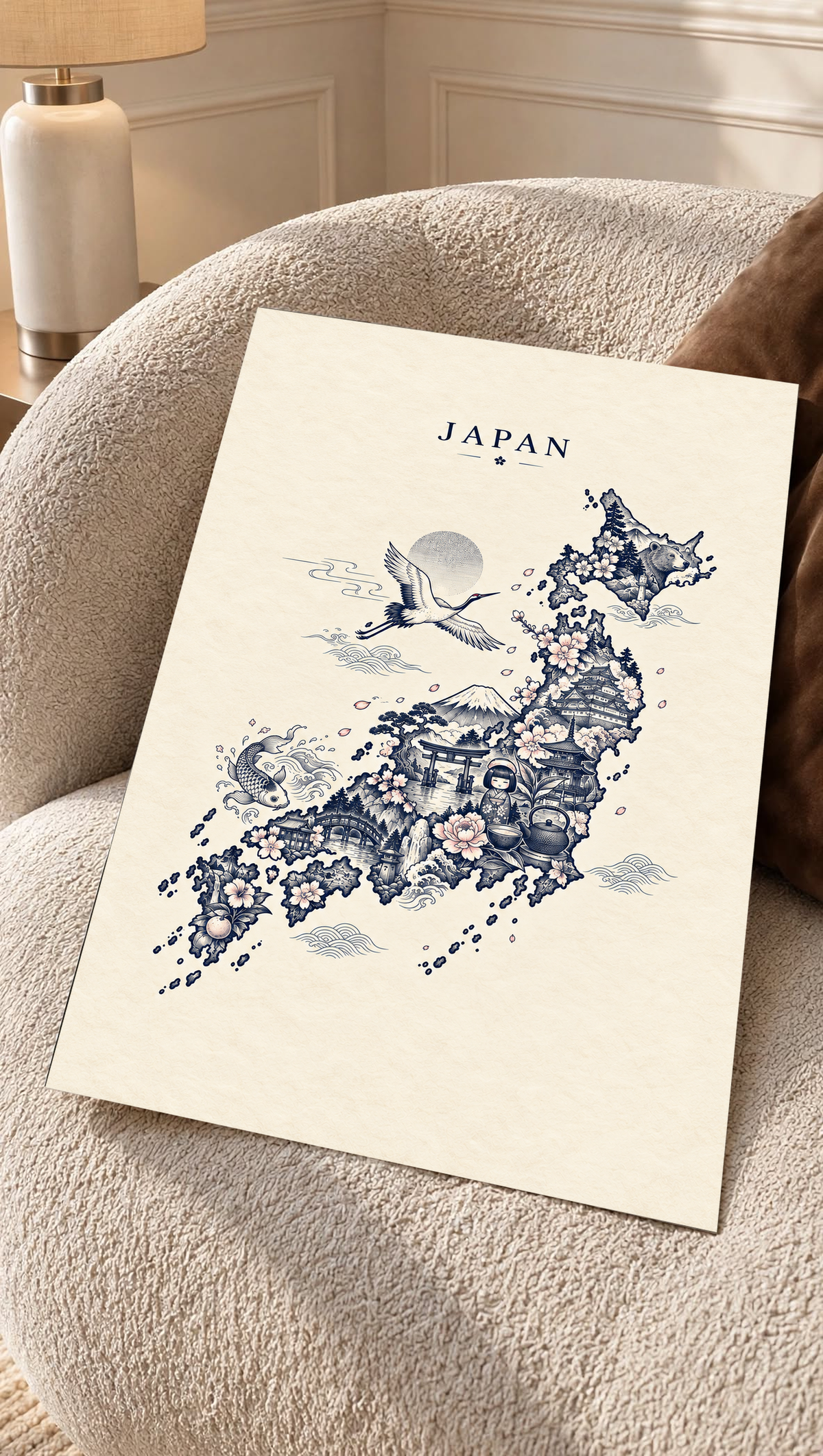Japan wall print leaning on beige sofa with blue crane, temple art, and floral accents