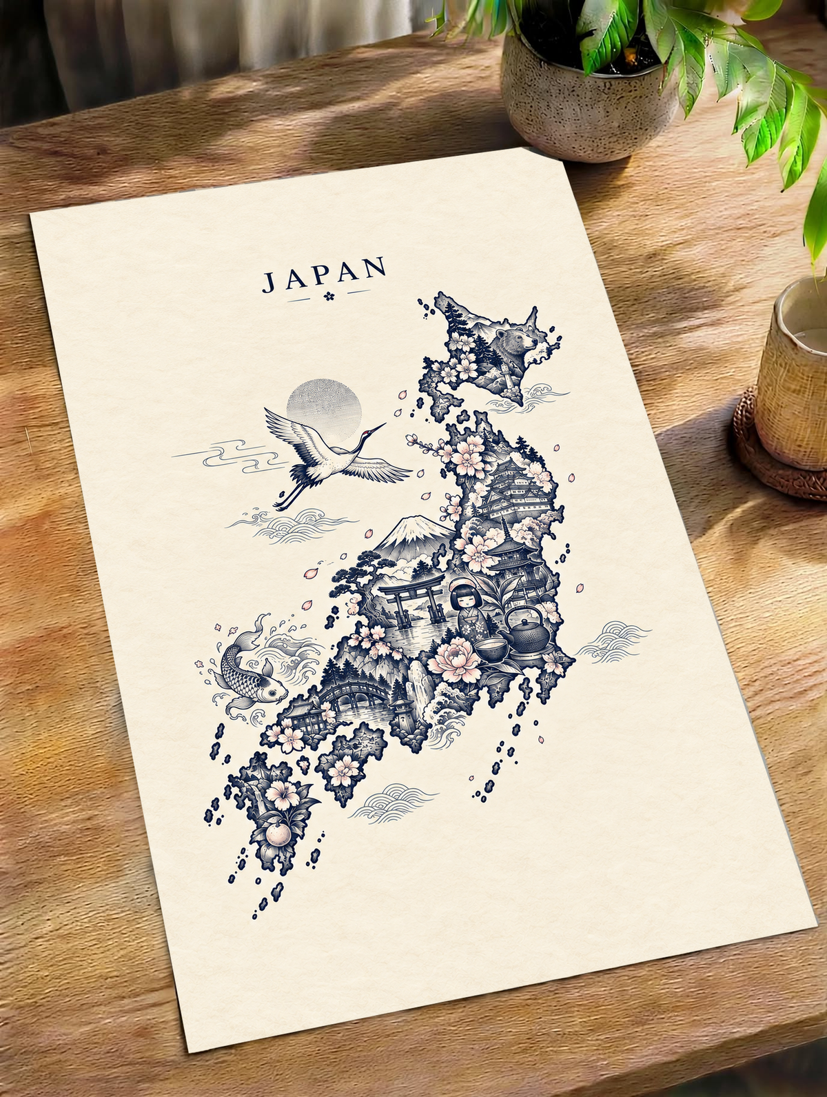 Unframed Japan print with blue crane and temple illustration on cream paper