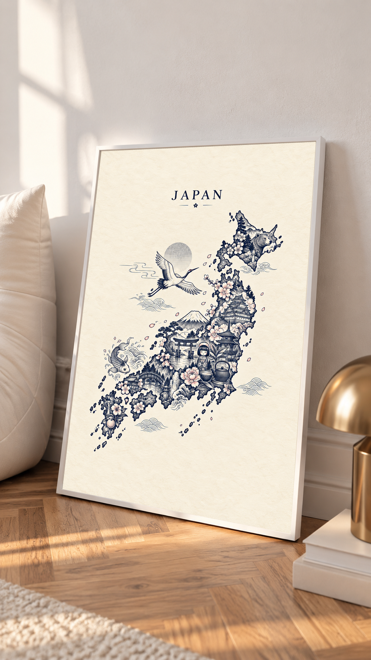 White-framed Japan wall print with blue crane, temple details, and floral map motifs