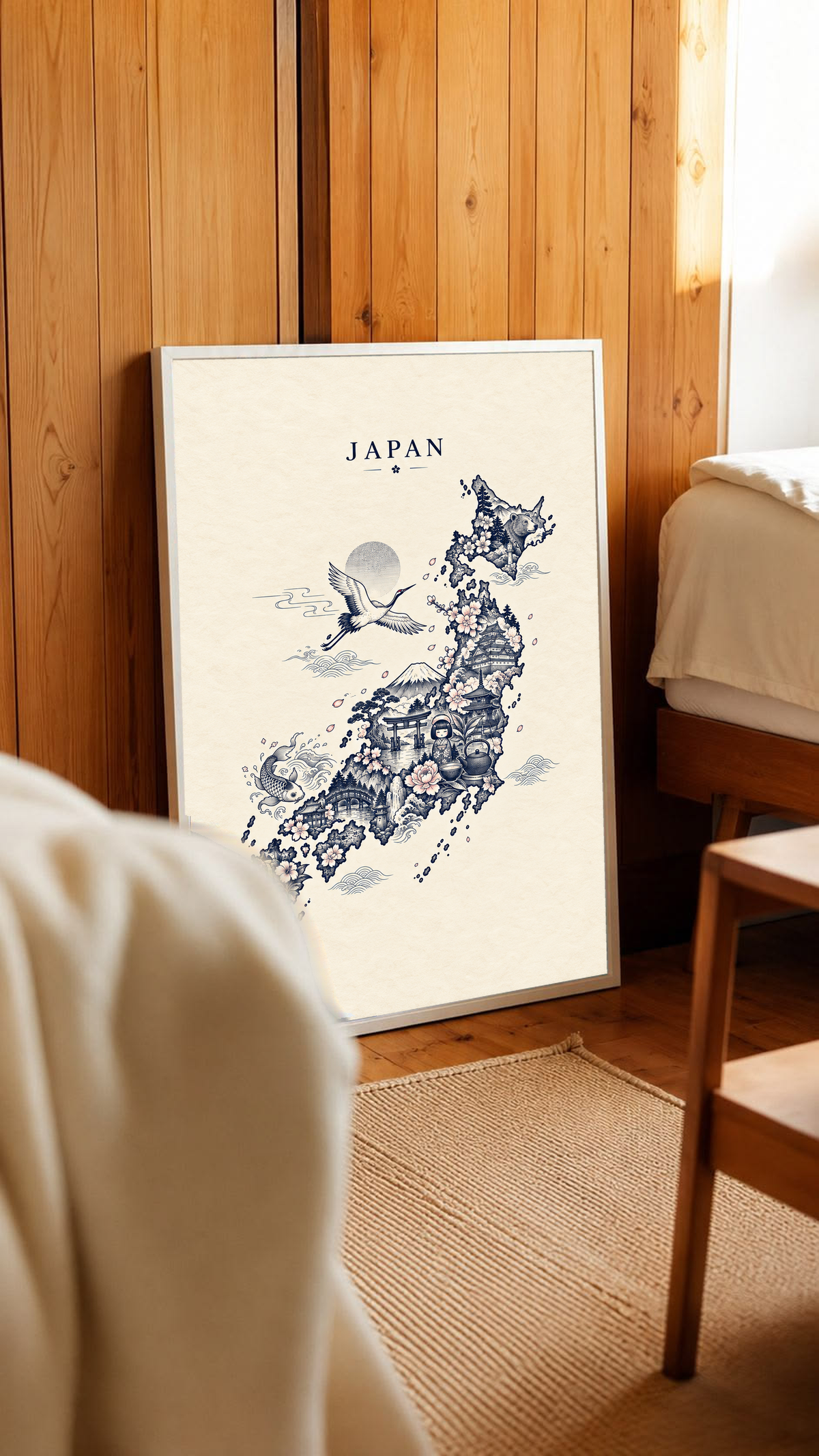 Wood-framed Japan wall print with blue crane, temple details, and floral map outline