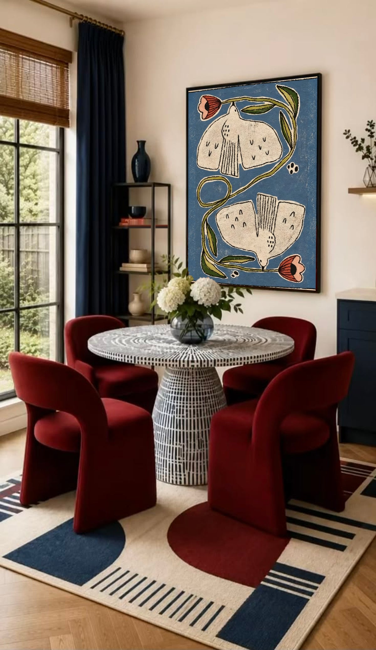 Framed folk floral wall poster with cream flowers, coral buds, and green curving stems on blue