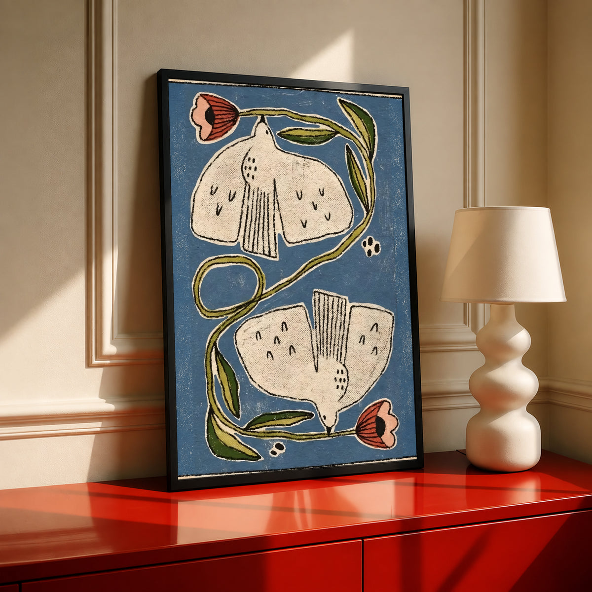 Framed folk floral poster: cream flowers, coral buds, green curving stems on blue background