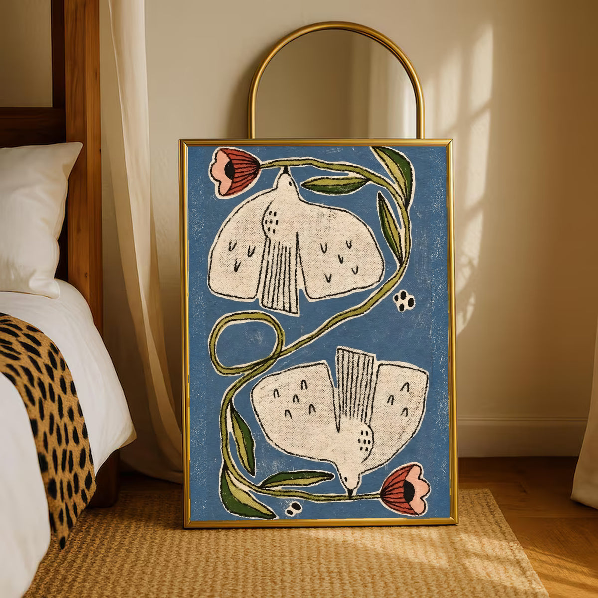 Framed folk floral poster standing on rug: cream flowers, coral buds, green curving stems