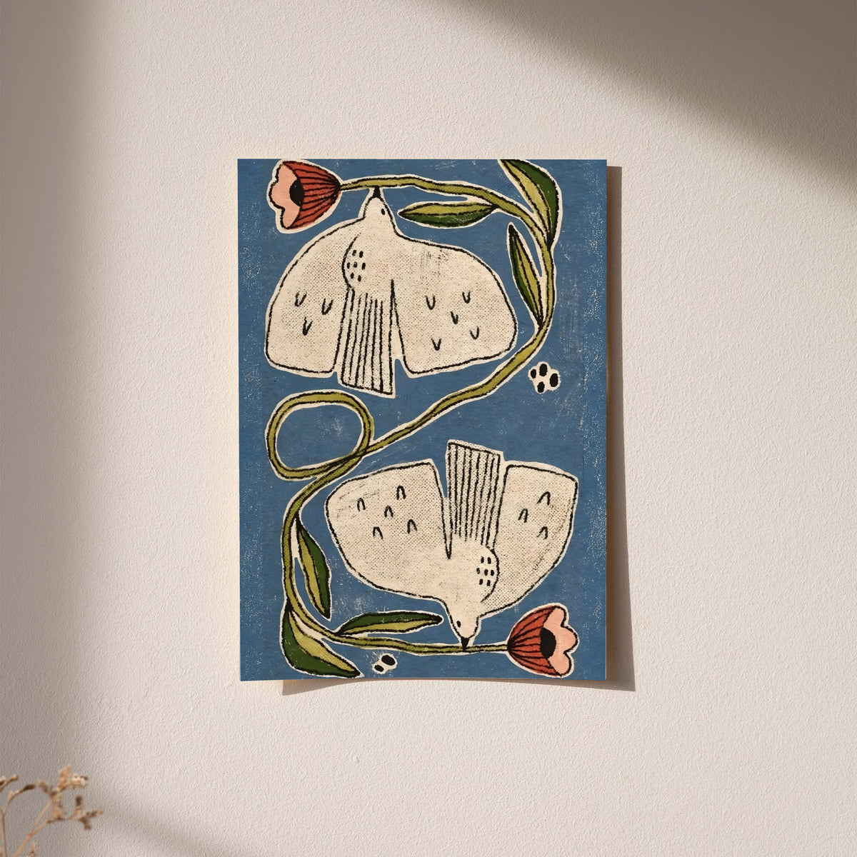 Square framed folk floral poster featuring cream flowers and coral buds with green curving stems
