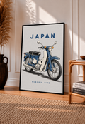 Framed Japan motorcycle poster with blue step-through bike and 'CLASSIC RIDE' text.