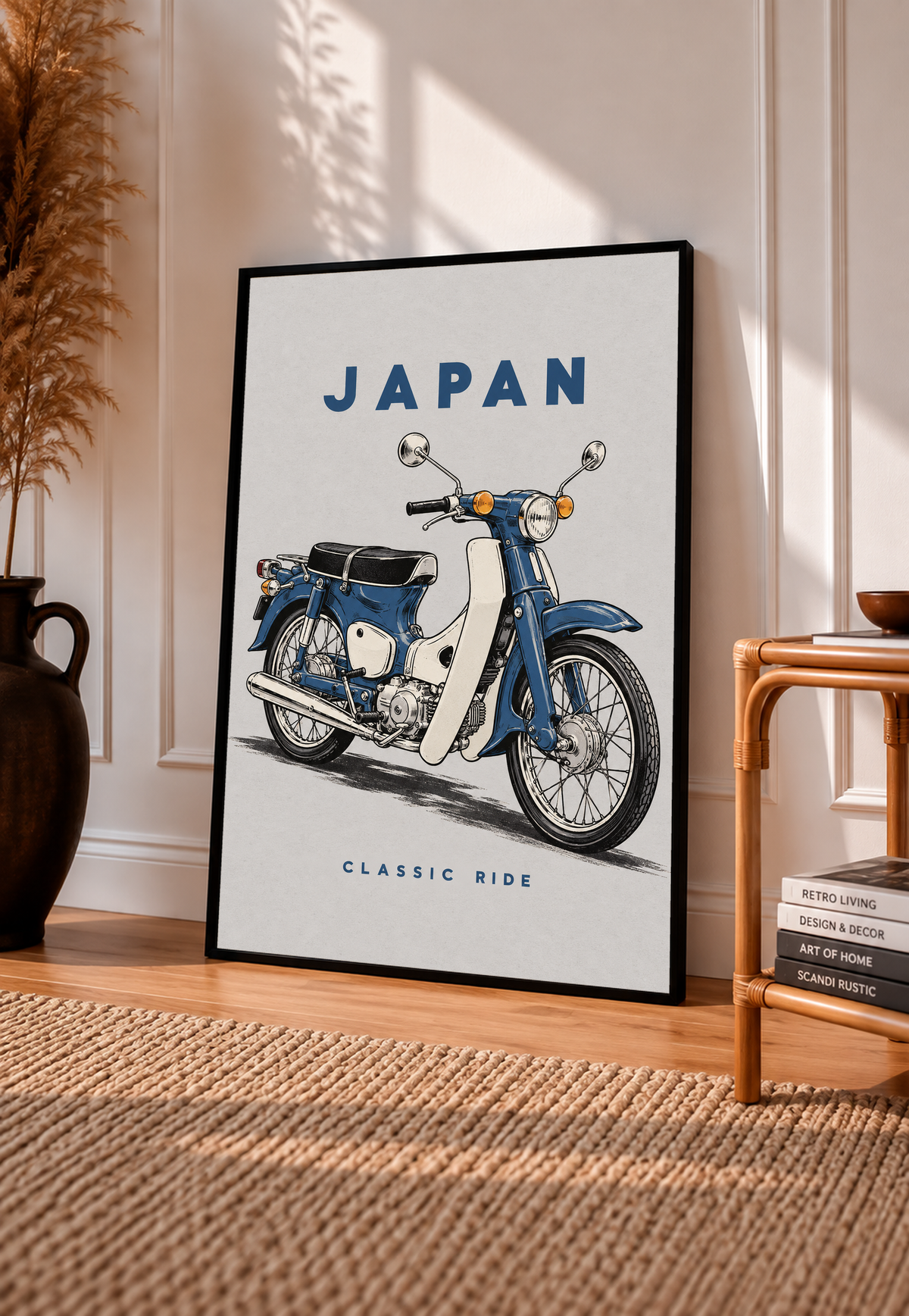 Framed Japan motorcycle poster with blue step-through bike and 'CLASSIC RIDE' text.