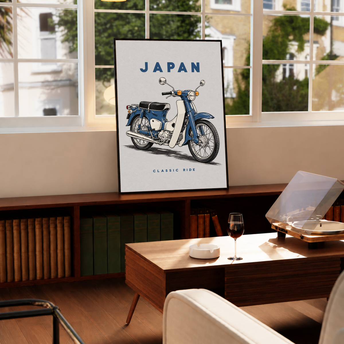Black-framed Japan motorcycle poster with blue step-through bike and 'CLASSIC RIDE'.