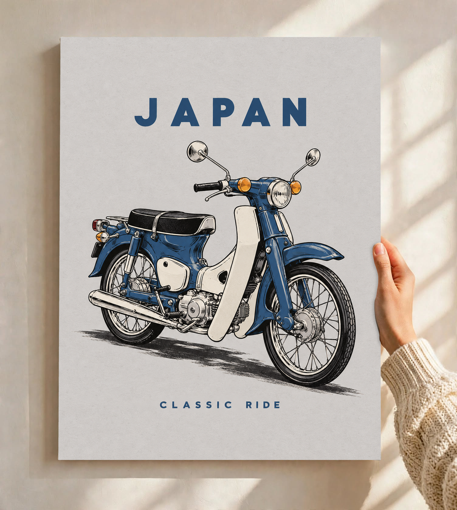 Japan motorcycle poster showing blue step-through bike and 'CLASSIC RIDE' lettering.