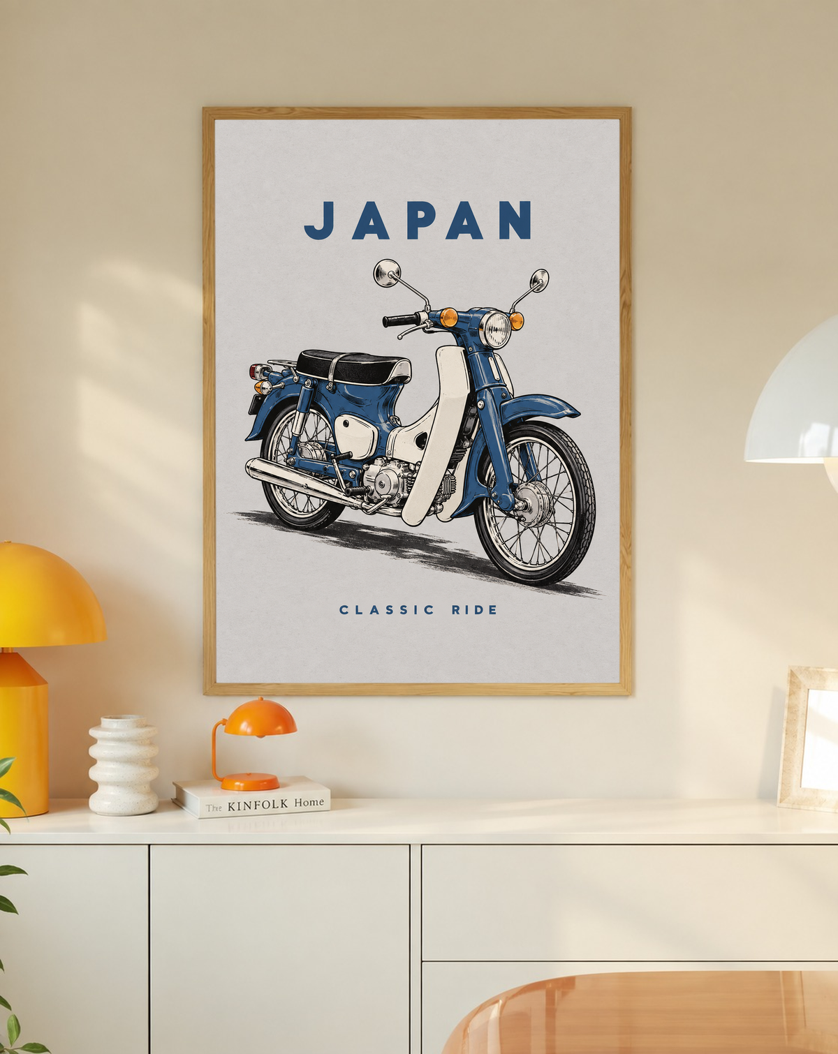 Oak-framed Japan motorcycle poster with blue bike illustration and 'CLASSIC RIDE'.