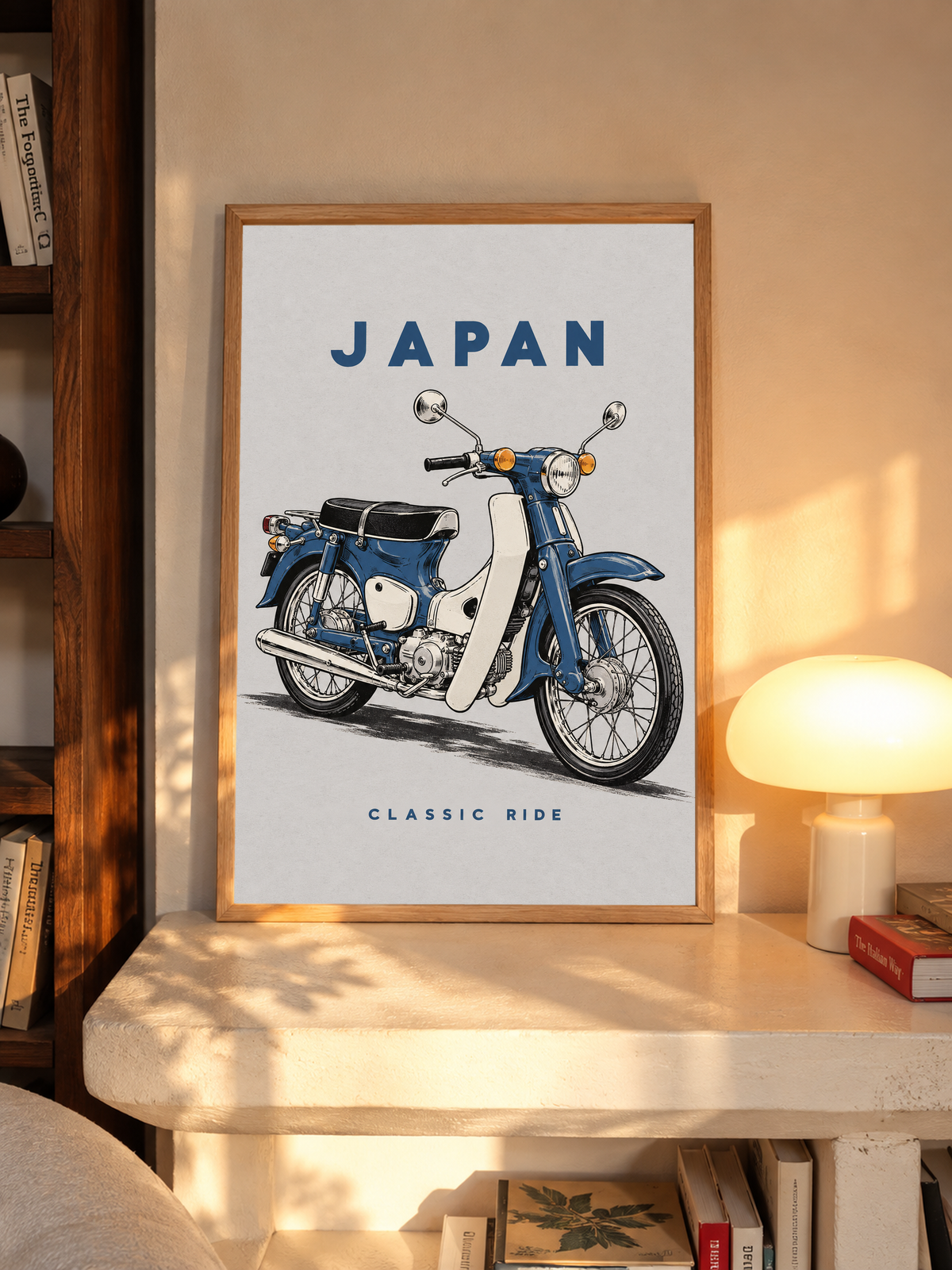 Brown oak-framed Japan motorcycle poster with blue step-through bike and 'CLASSIC RIDE'.