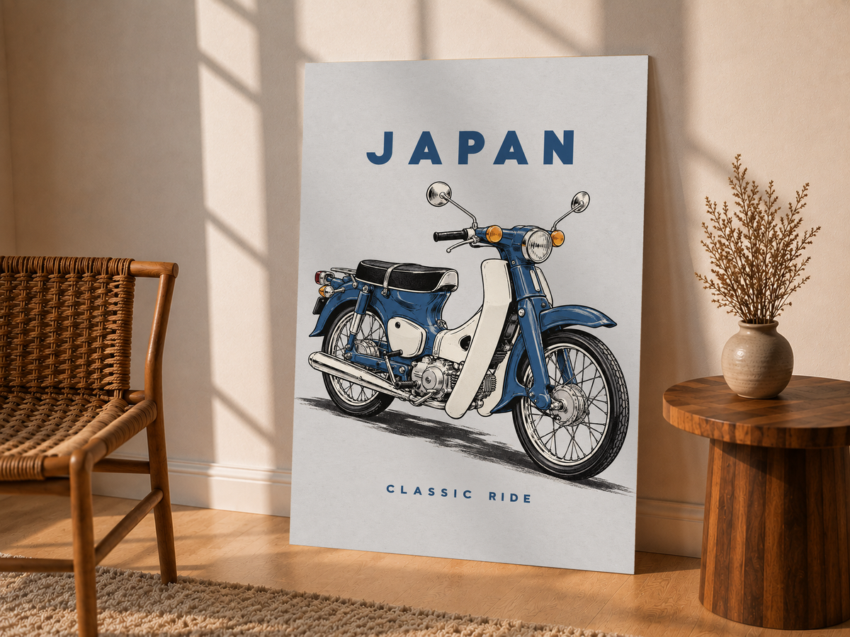 Blue Japan classic motorcycle poster with vintage step-through bike, JAPAN text