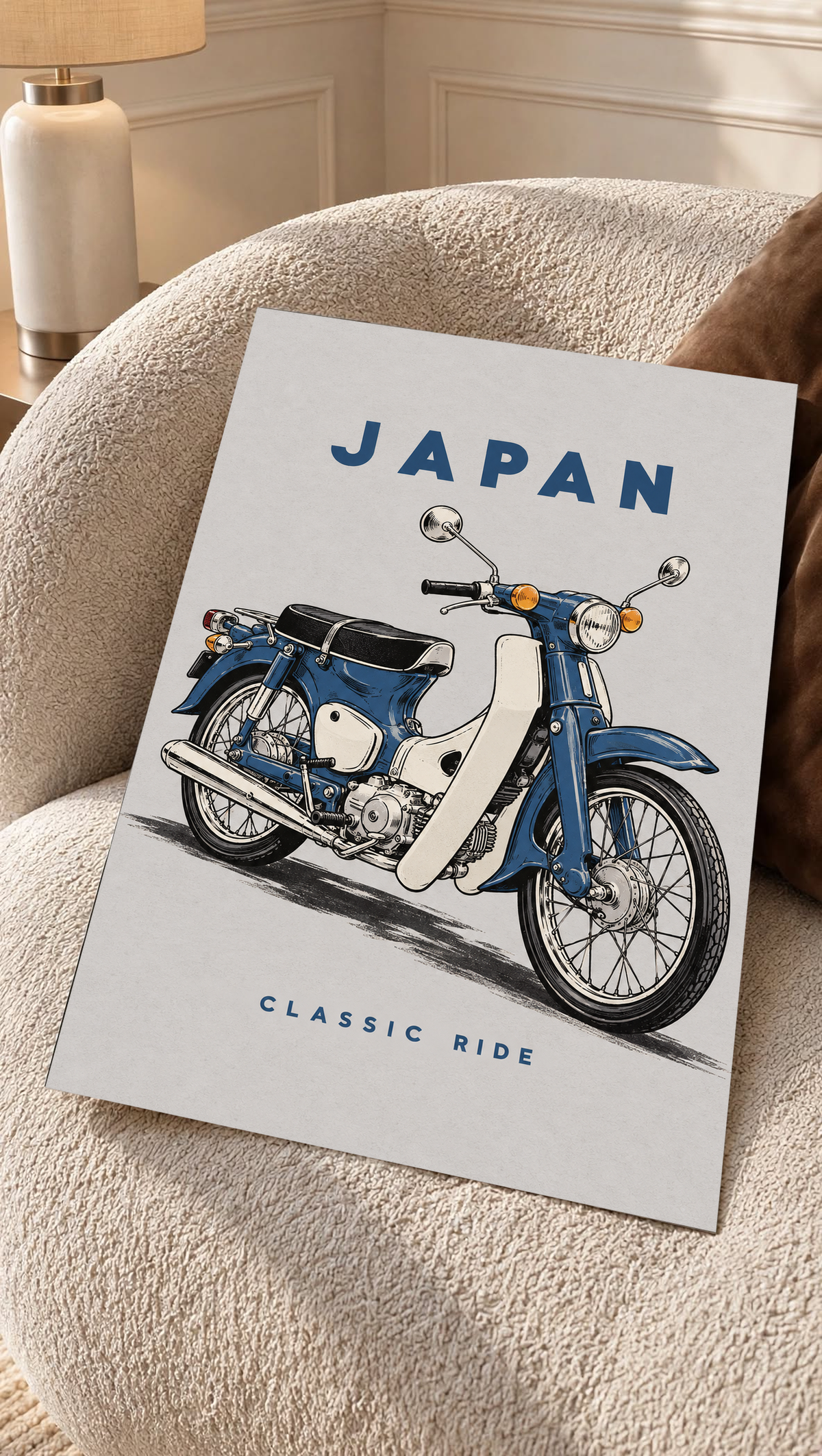 Japan motorcycle poster featuring a blue step-through bike and 'CLASSIC RIDE' lettering.
