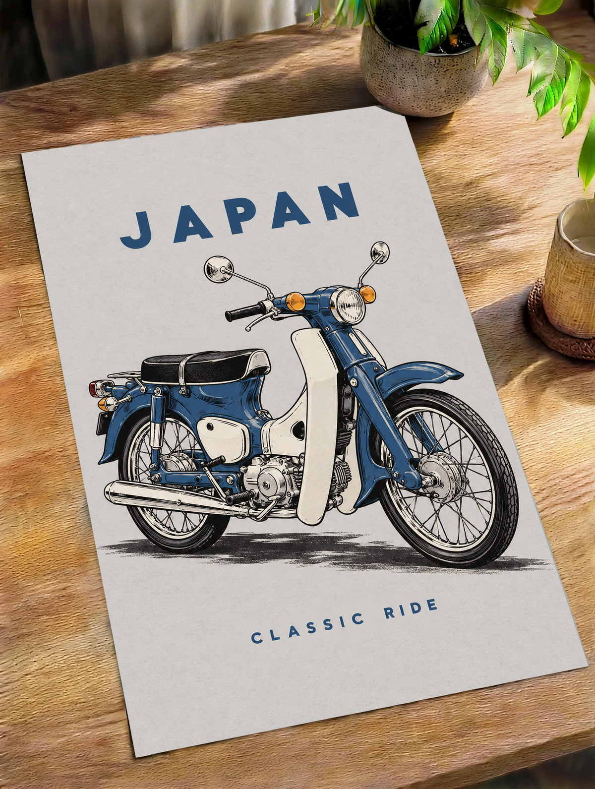 Japan motorcycle poster with blue step-through bike and 'CLASSIC RIDE' text.