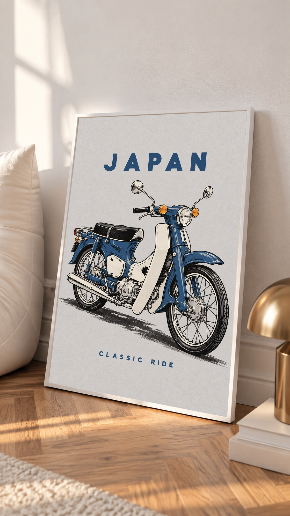 White-framed Japan motorcycle poster with blue step-through bike and 'CLASSIC RIDE'.