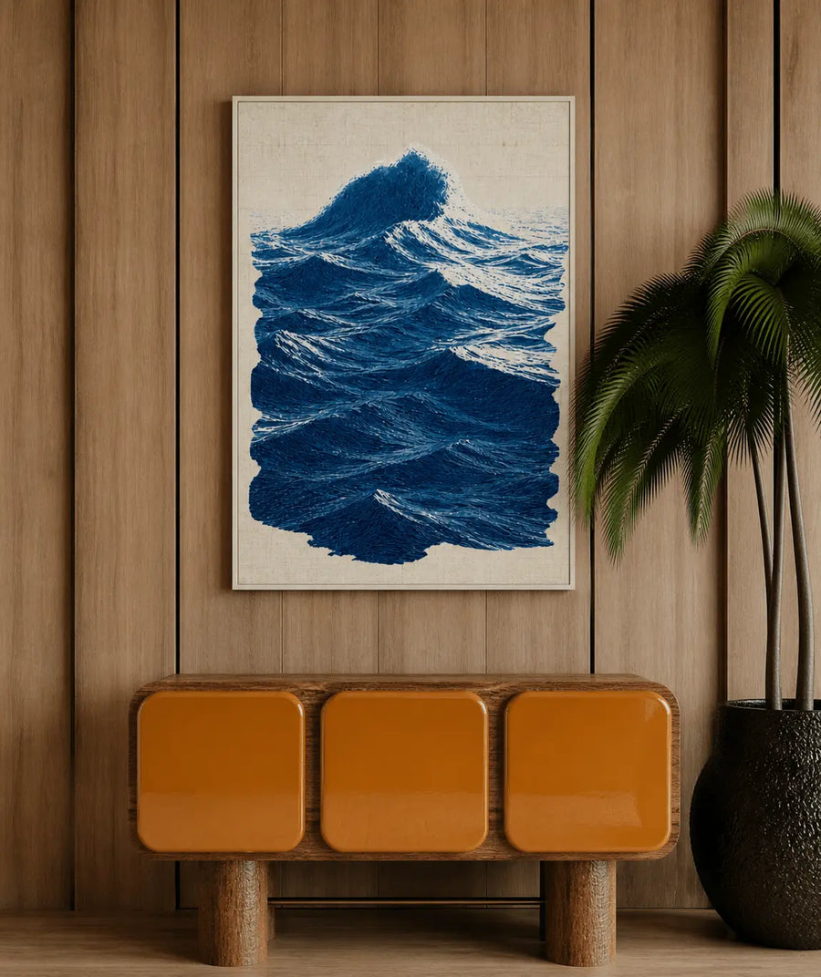 Impresión decorativa de pared con ola oceánica en marco de roble y ondas azules texturizadas sobre papel beige