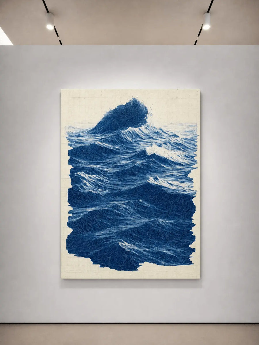 Cream con acabado mate con estampado de olas del océano en ondas texturizadas azules sobre papel beige