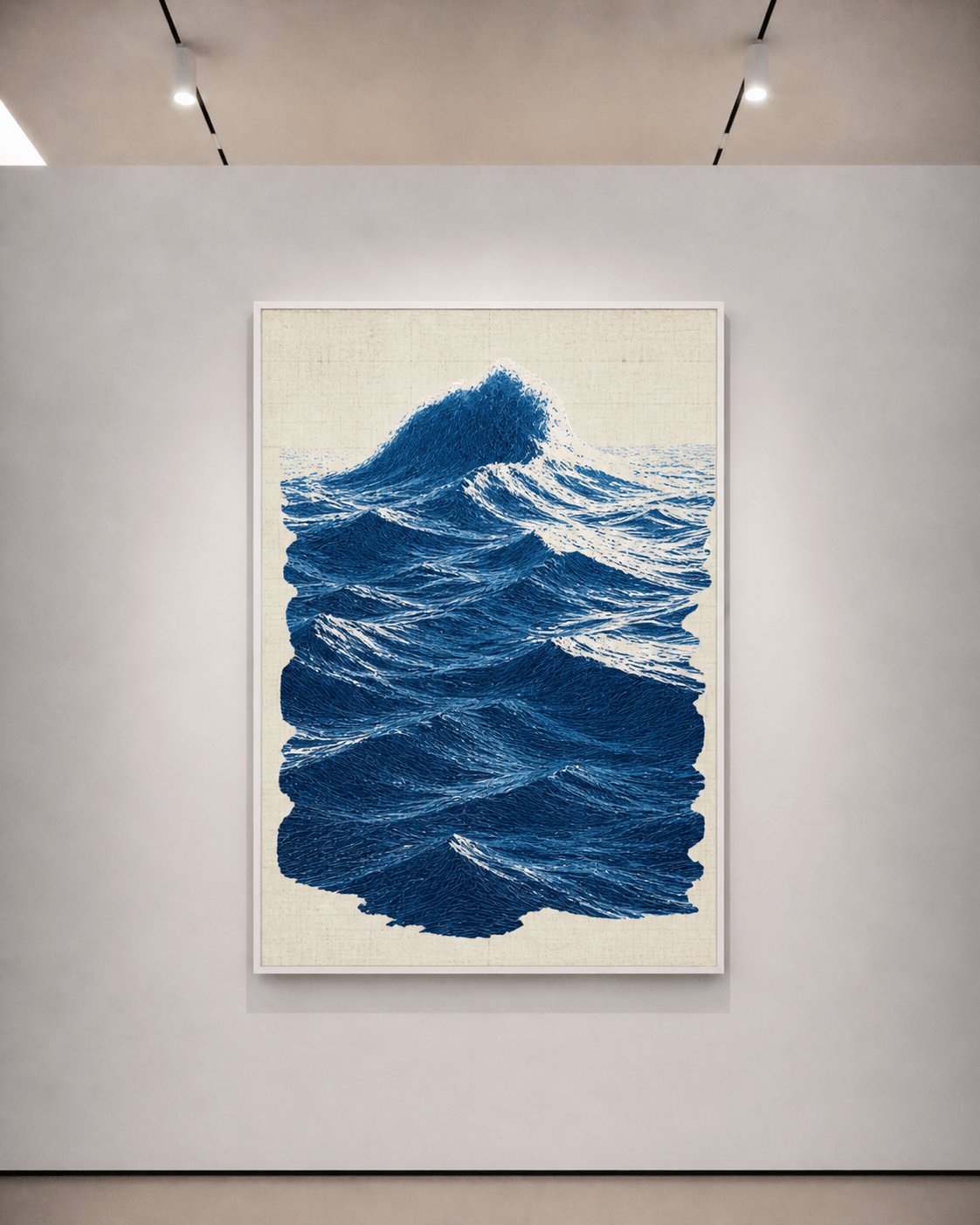 alt
Stampa con onde oceaniche e onde blu materiche su carta beige, cornice sottile chiara