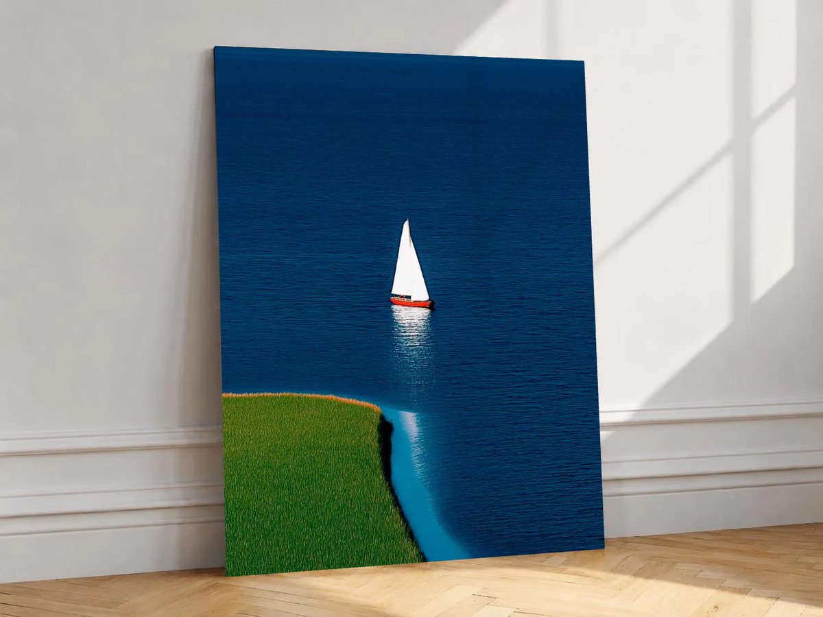 Sailboat shoreline wall art print with blue ocean and green coast on light wall