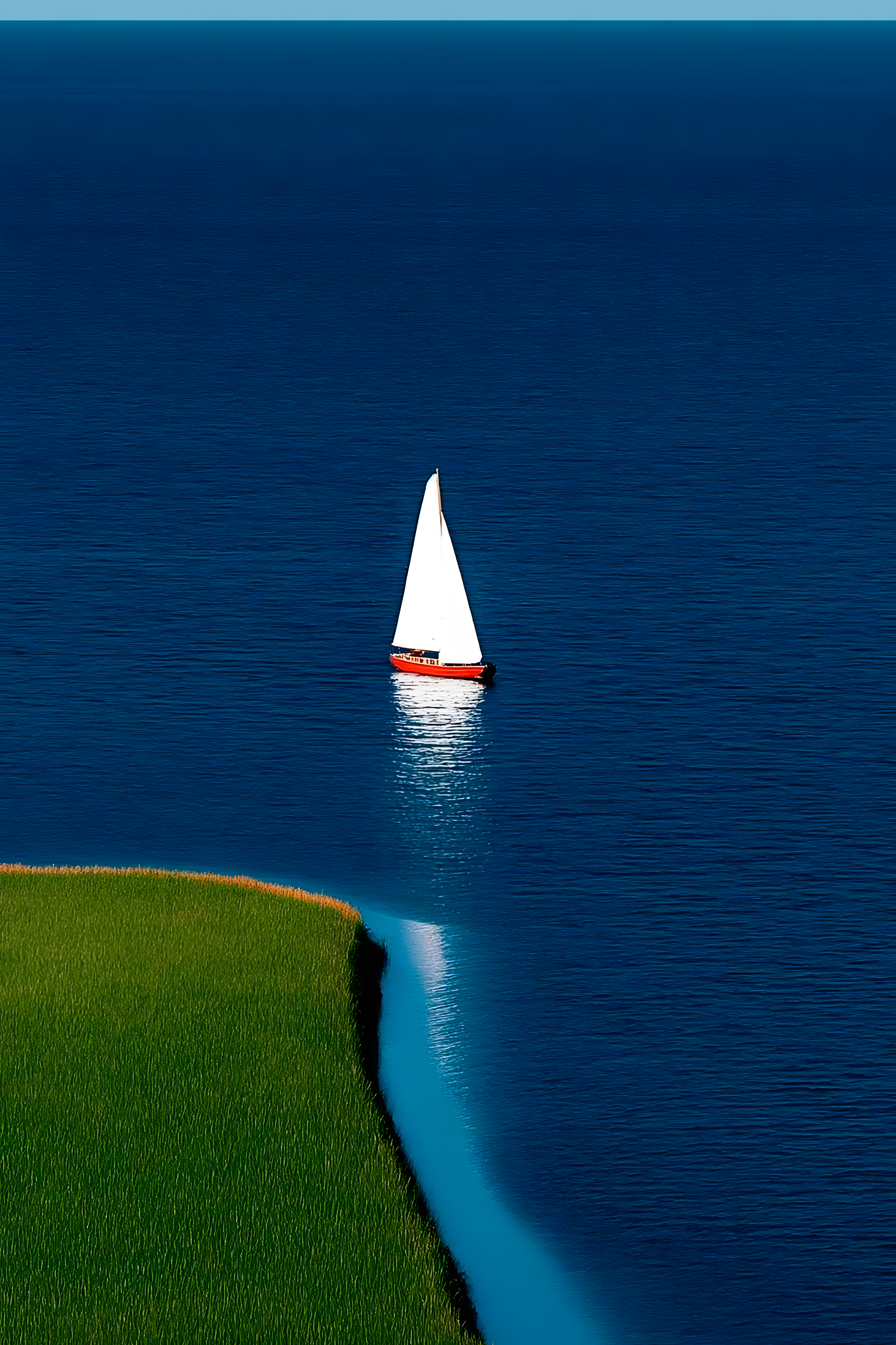 Close-up wall art of small sailboat on blue sea with green shoreline