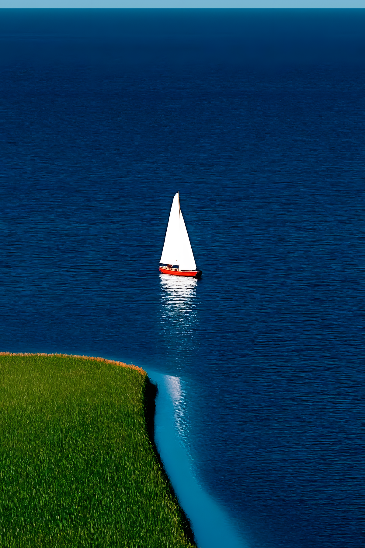 Close-up wall art of small sailboat on blue sea with green shoreline