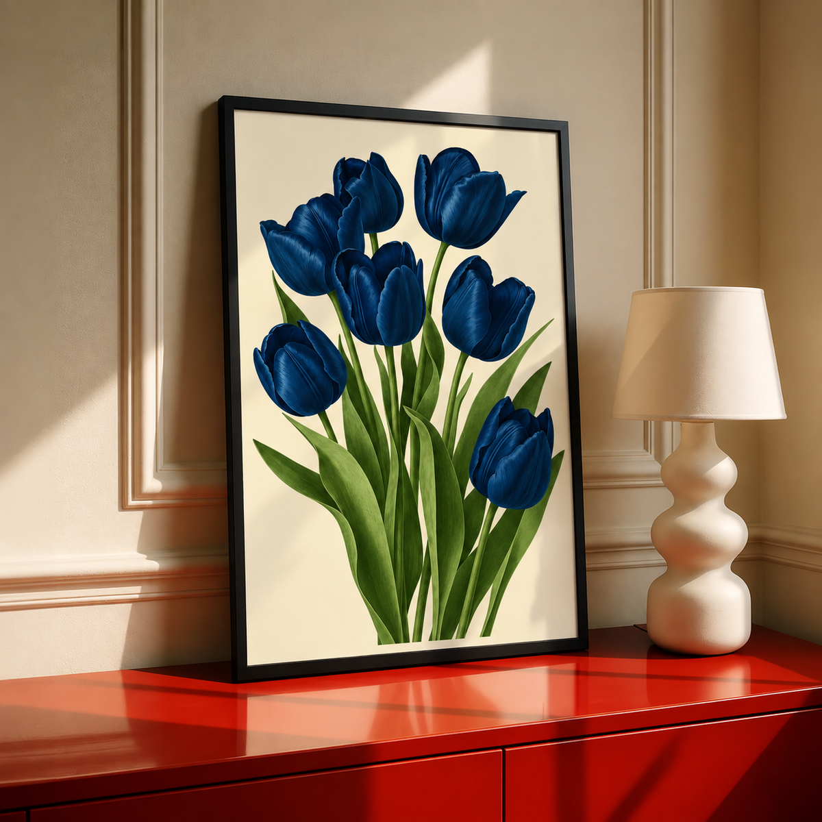 Framed blue tulip wall art with navy flowers and green stems, black frame