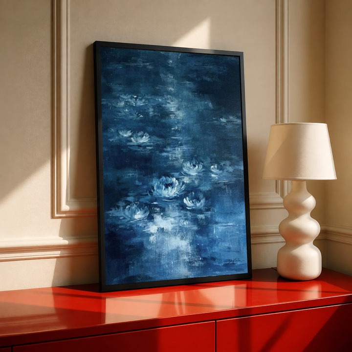 White water lilies on a blue pond in a black frame on a red cabinet beside a cream lamp