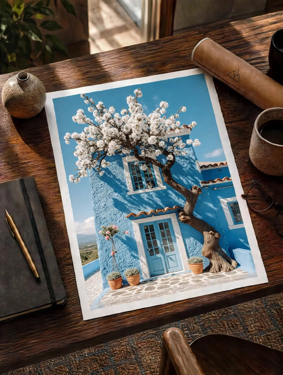 Cottage print on desk with blooming tree and blue building facade, white door and windows