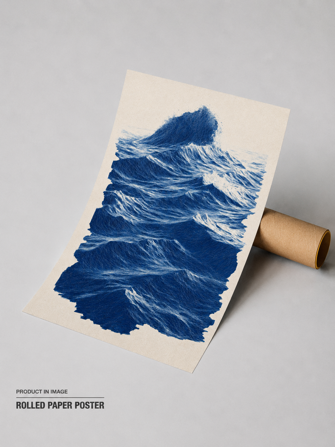 Rolled ocean wave poster print on kraft paper, blue textured waves