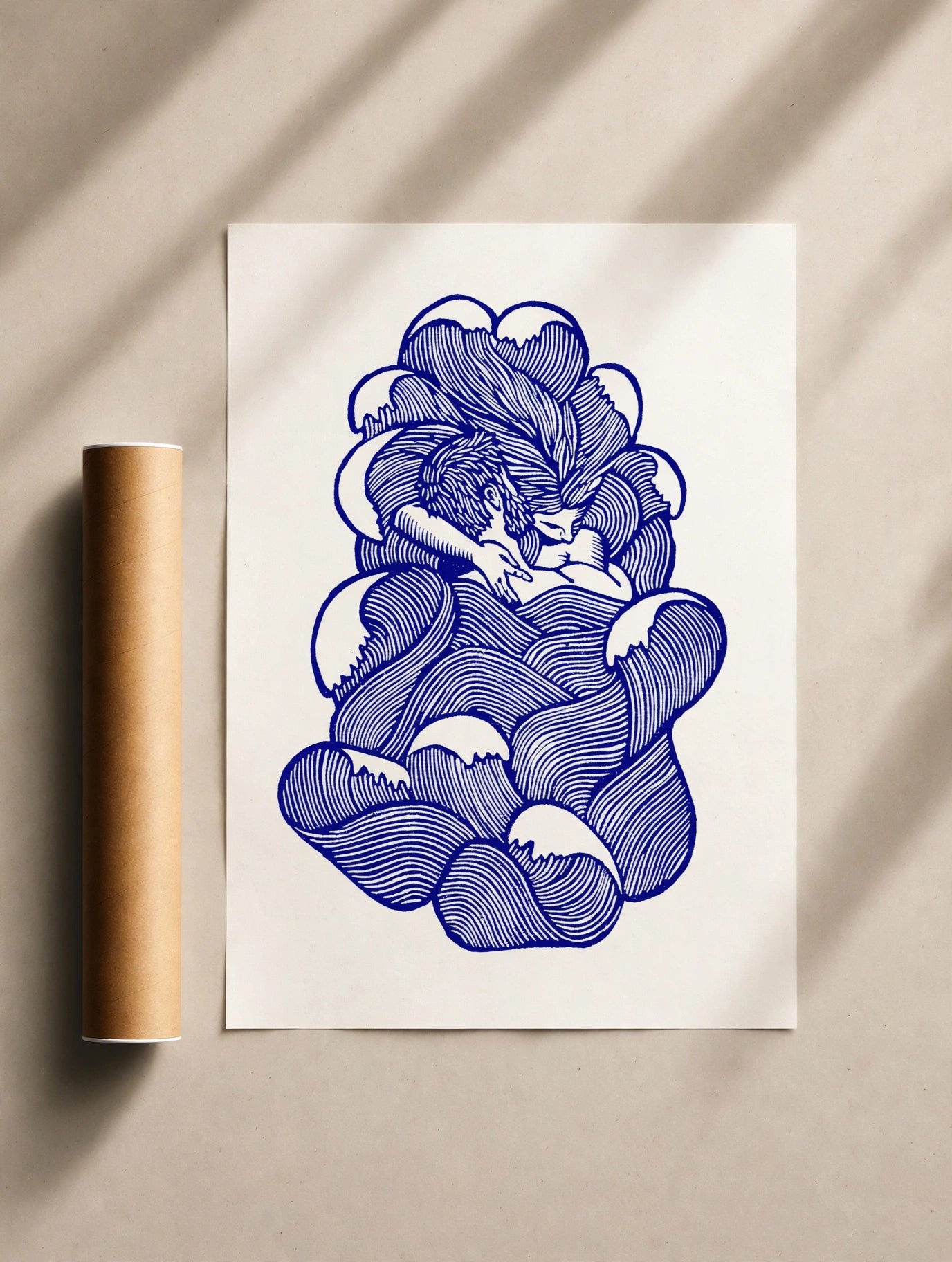 Blue abstract risograph print with layered contour cloud-like shapes on white paper