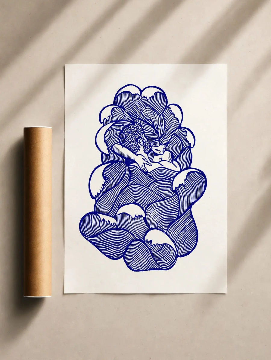 Blue abstract risograph print with layered contour cloud-like shapes on white paper