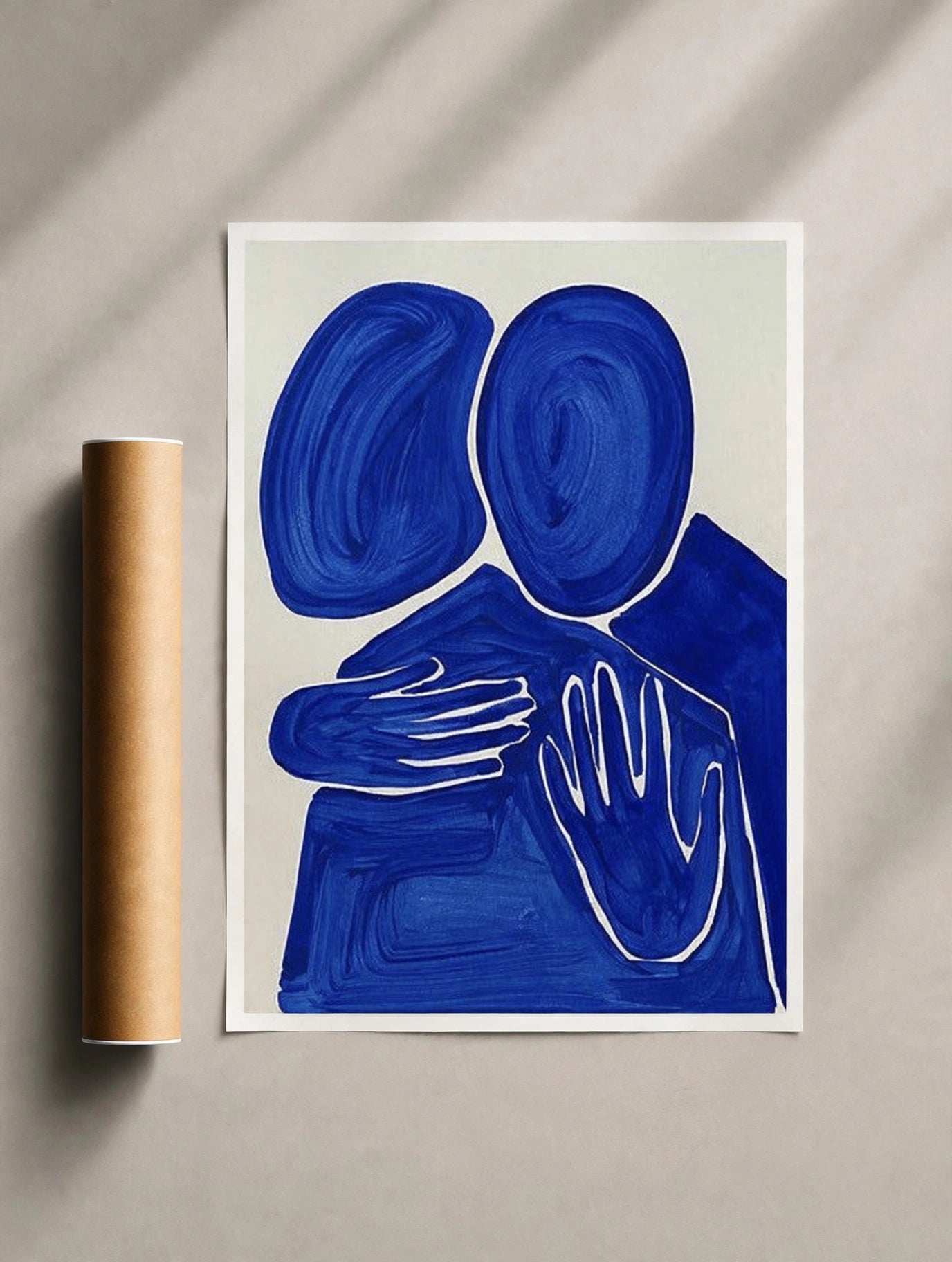 Blue minimalist figure print with raised hands and abstract face shapes