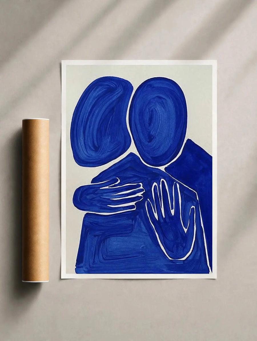 Blue minimalist figure print with raised hands and abstract face shapes