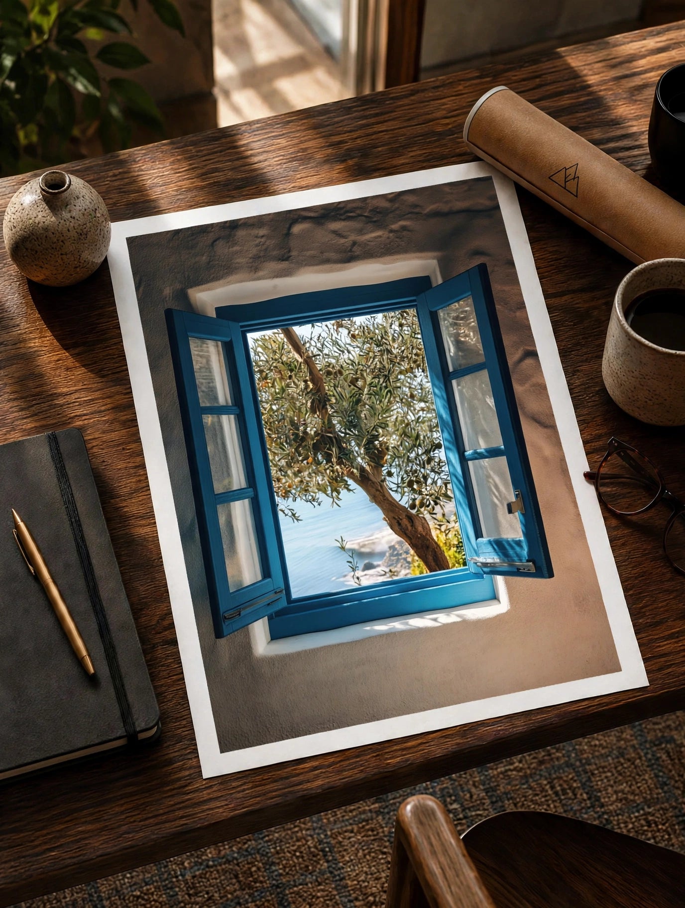Window print of an olive tree under blue shutters, shown on a wooden table