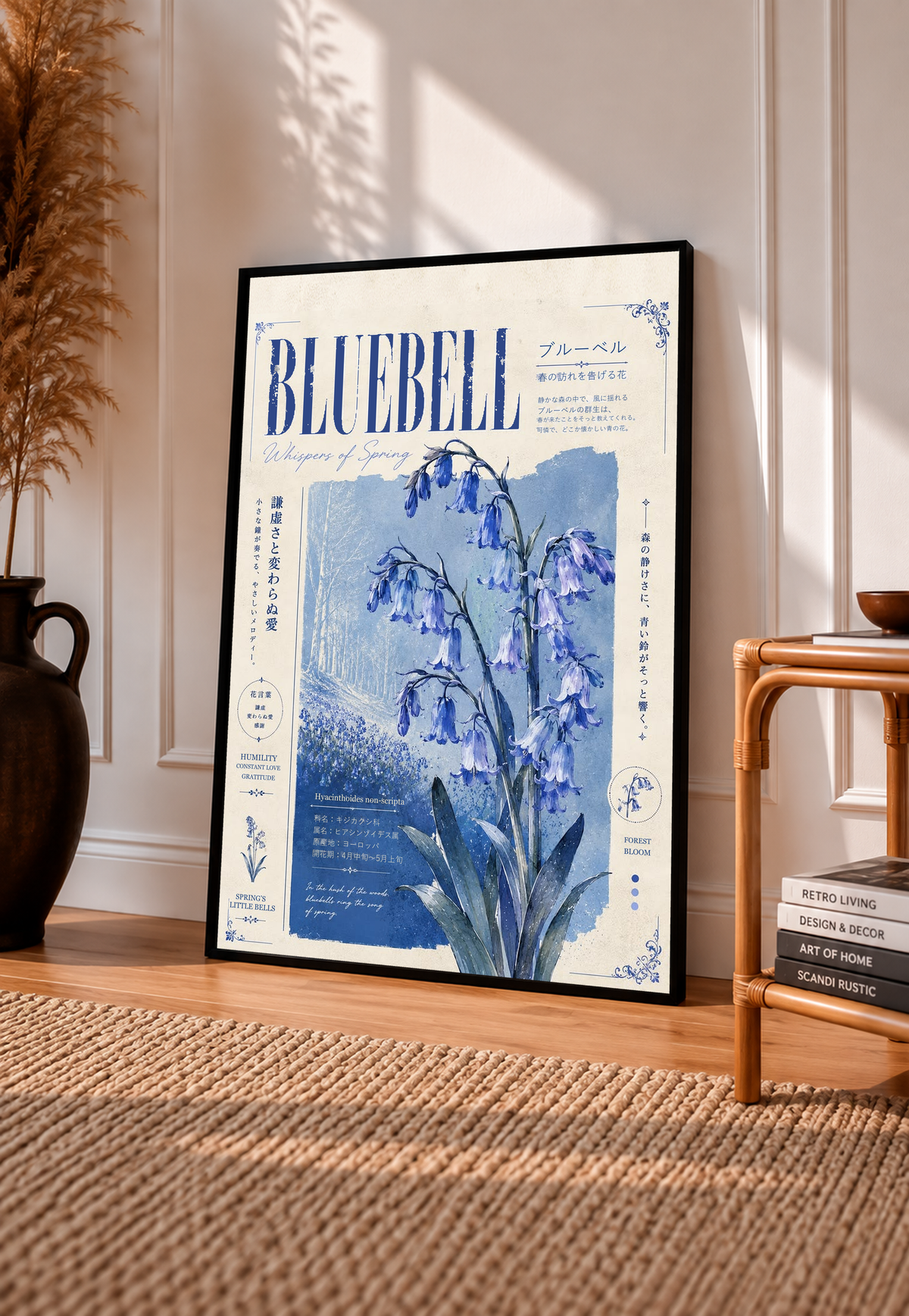 Bluebell botanical poster with blue flower illustration and Japanese border text, black frame