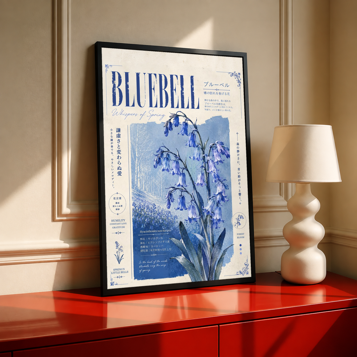 Bluebell botanical poster with blue flowers in black frame