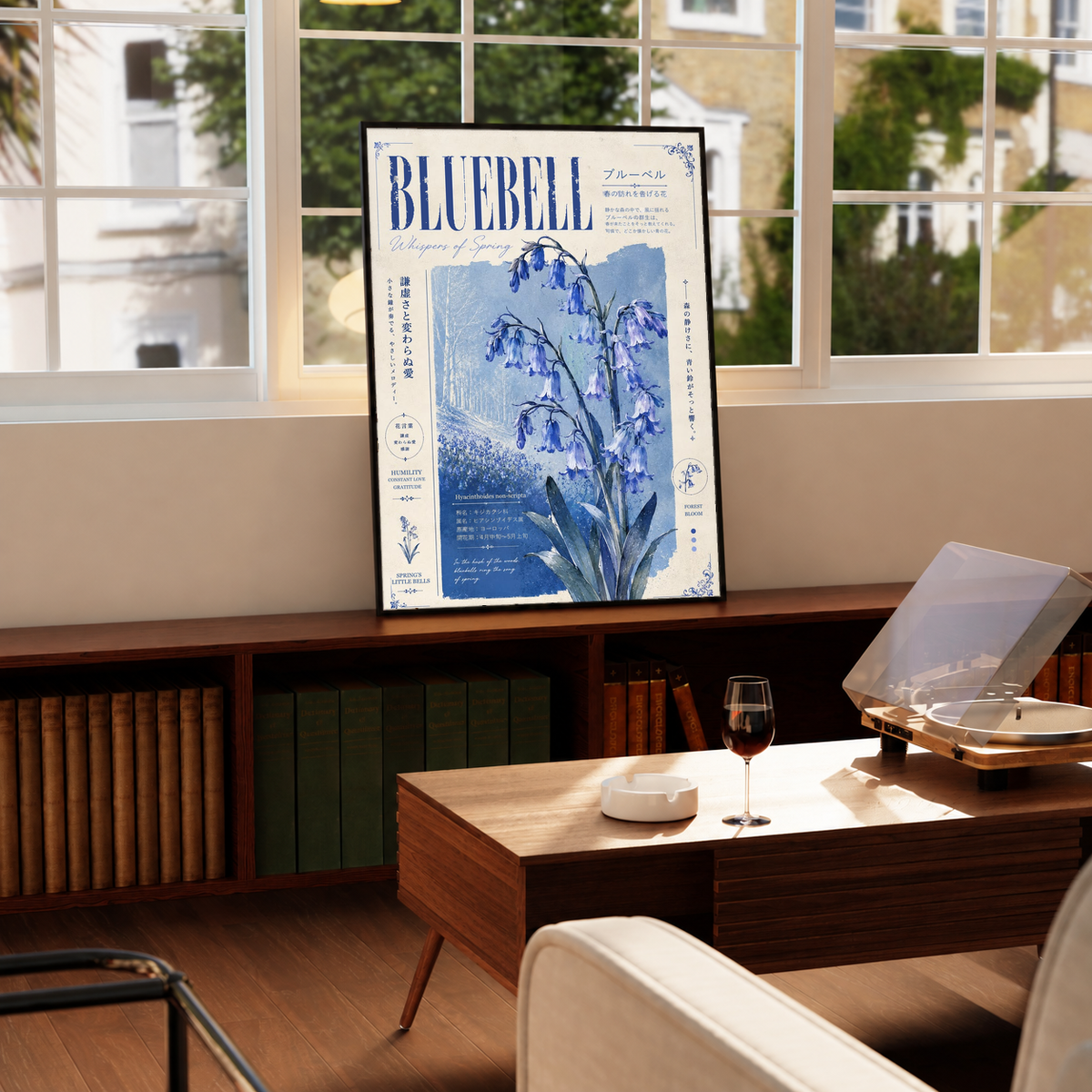 Bluebell botanical poster with blue flowers and Japanese text, upright on display