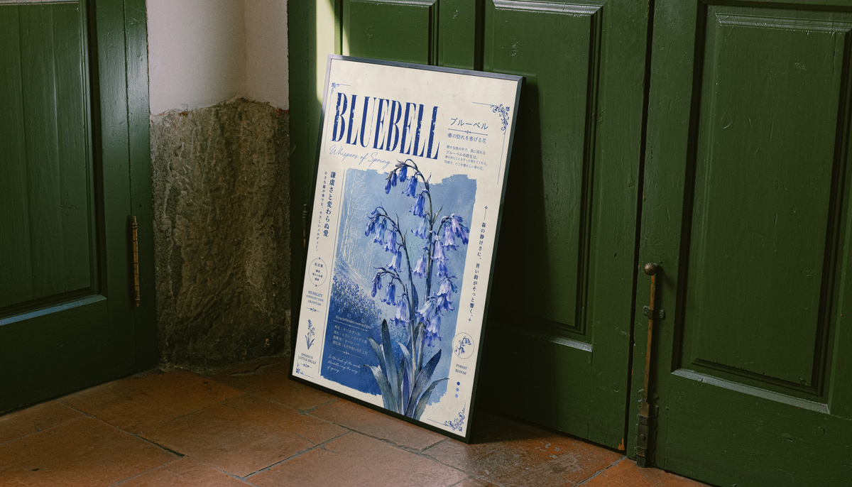 Bluebell botanical poster with blue flowers in dark frame