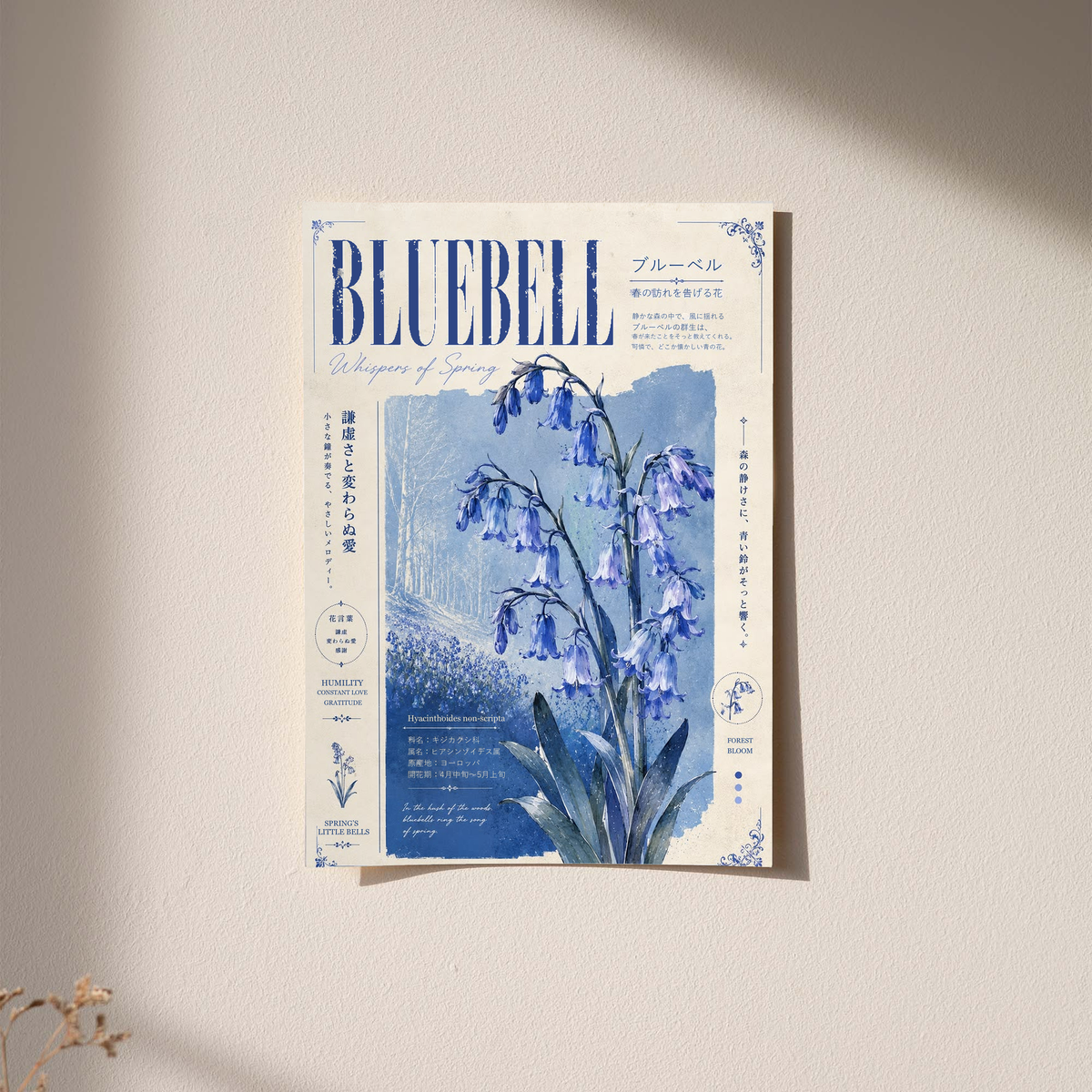Bluebell botanical poster with blue flowers and Japanese text, unframed