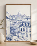 Impresión enmarcada del paisaje urbano de París con dibujo lineal azul