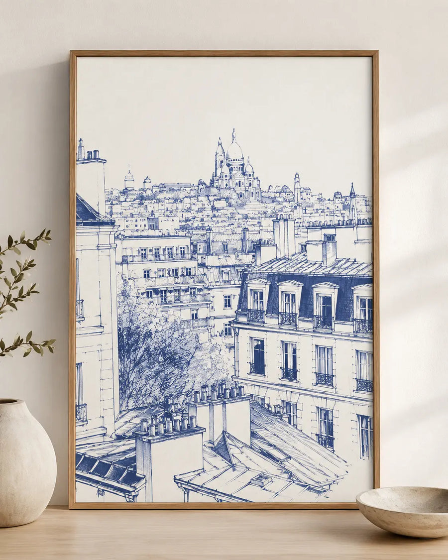 Impresión enmarcada del paisaje urbano de París con dibujo lineal azul