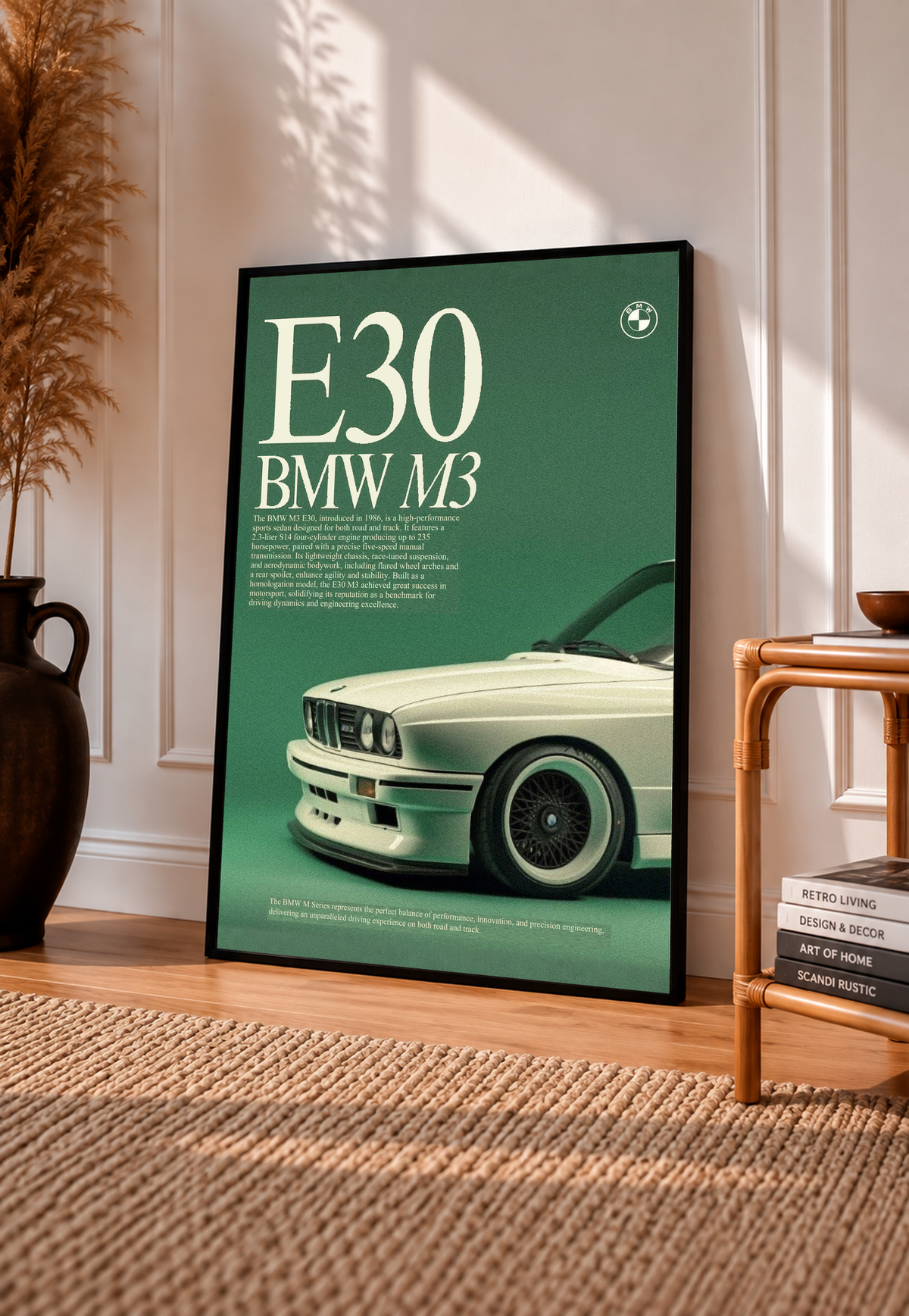 E30 BMW M3 car poster with mint front-view car on dark green background