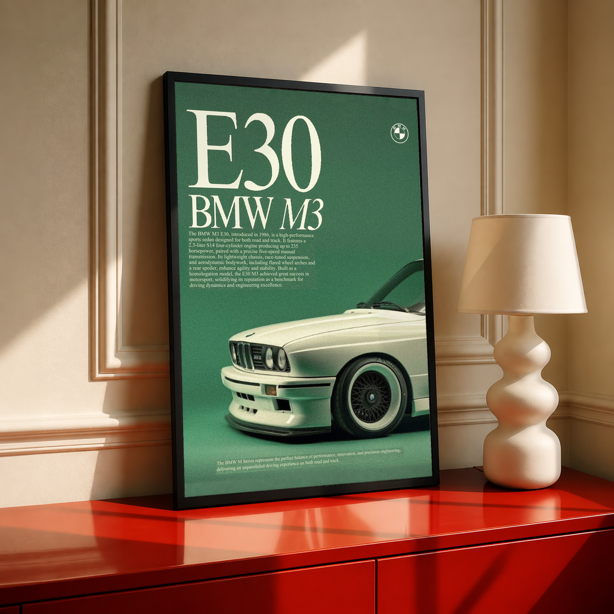 Black-framed E30 BMW M3 poster with mint front-view car on dark green background