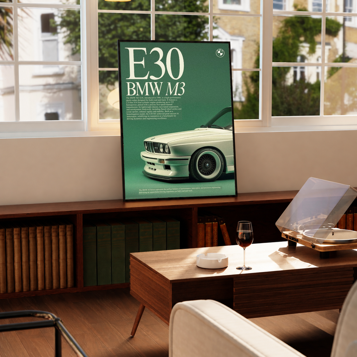 E30 BMW M3 poster with mint front-view car on dark green background