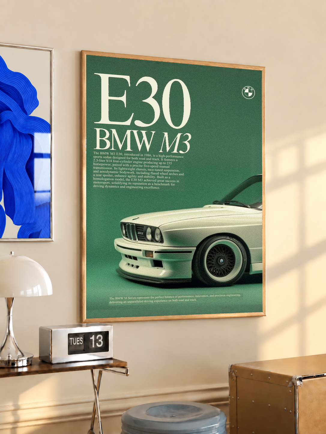 E30 BMW M3 poster featuring mint front-view car on dark green background