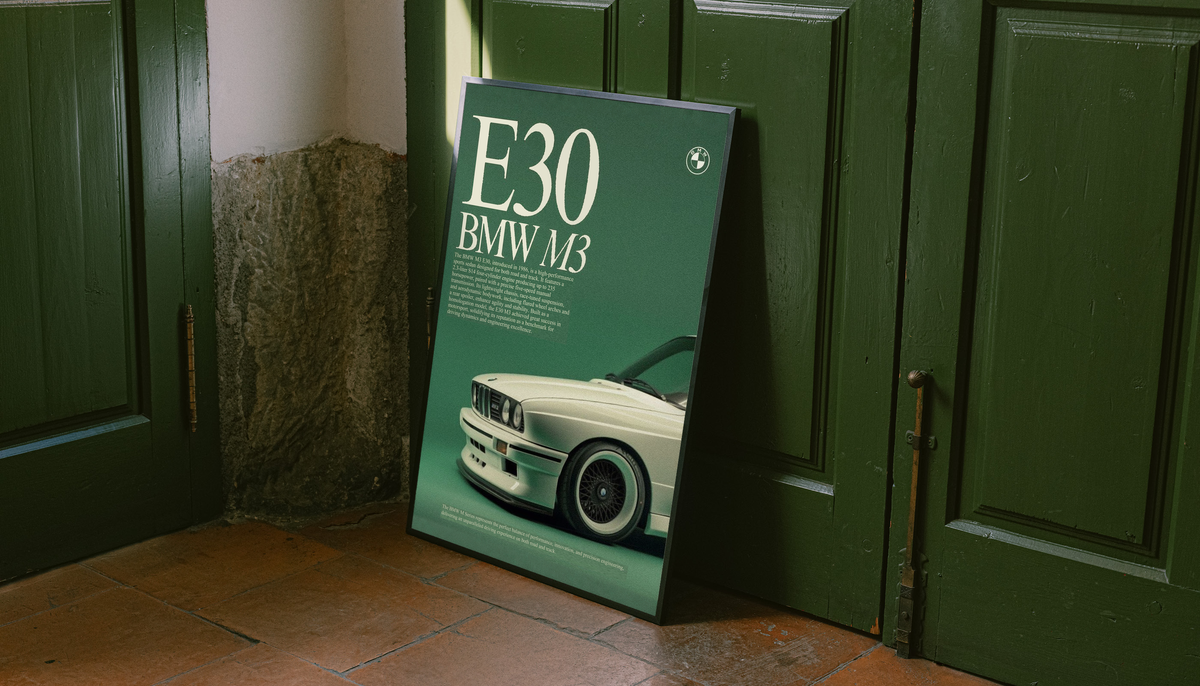 E30 BMW M3 poster showing mint front-view car on dark green background